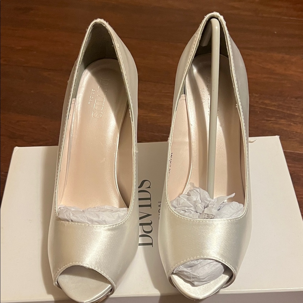 David's Bridal Shimmering White Peep-Toe Heels
